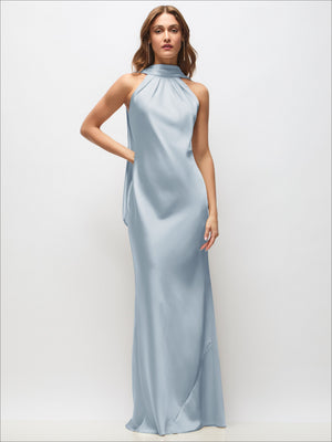 Draped Scarf Halter Open-Back Stretch Satin Bias Maxi Dress with Adjustable Straps