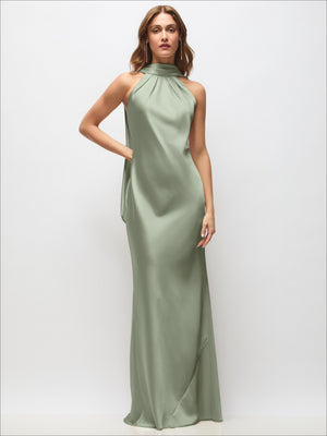 Sage satin maxi dress with draped halter scarf, open back, and adjustable straps