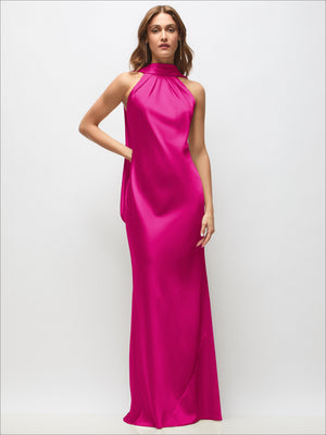 Fuchsia satin halter maxi dress with draped neckline and adjustable straps