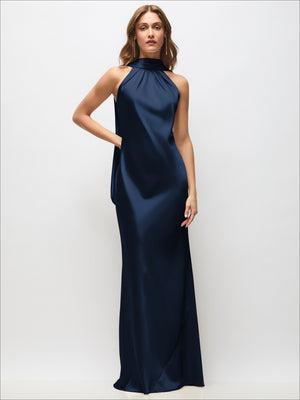 Midnight navy satin maxi dress with draped halter scarf and open back