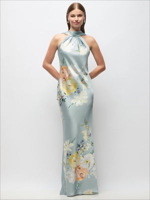 Mist blue floral satin maxi halter dress with draped neckline and open back