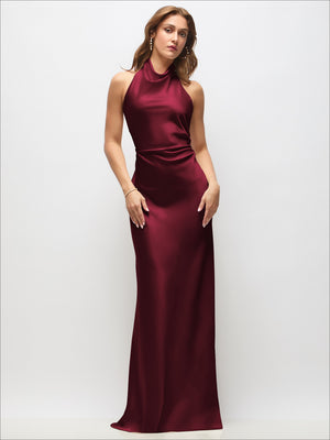 Burgundy satin maxi dress with high cowl neck and sleeveless cut