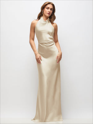 High cowl neck open-back satin maxi dress, champagne nude front view