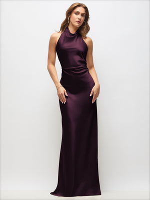 High cowl neck open-back satin maxi dress, deep plum front view