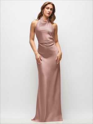 Blush pink stretch satin bias maxi dress with high cowl neck, sleeveless front.