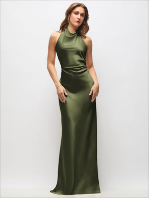 Olive green satin maxi dress with high cowl neck and open back