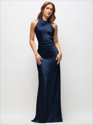 High cowl neck open-back satin maxi dress, dark navy front view