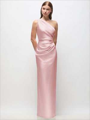 Light pink one-shoulder draped satin column maxi dress with ruched wrap detail