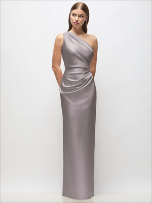 One-shoulder draped satin column maxi dress, champagne-gray with draped waist