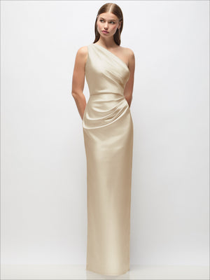 Cream one-shoulder draped satin column maxi dress with twisted neckline and column fit