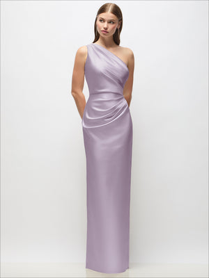 One-shoulder draped satin column maxi dress in lilac haze, cowl bodice, column fit