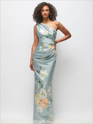 Mist blue one-shoulder draped maxi dress with painterly floral print, column silhouette