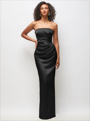 Black satin column maxi dress with strapless draped sweetheart bodice