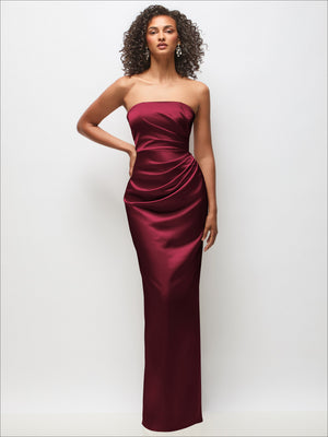 Burgundy strapless satin column maxi dress with ruched draped bodice and straight column skirt