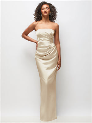 Strapless draped satin column maxi dress in champagne with gathered bodice detail