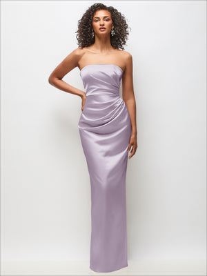 Lilac satin column maxi dress with strapless draped bodice and ruched waist