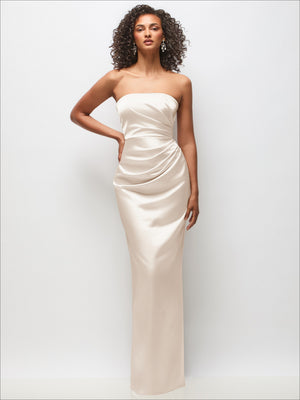 Cream strapless satin column maxi dress with draped bodice and side slit