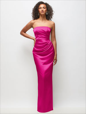 Fuchsia pink strapless satin column maxi dress with ruched draped bodice and smooth column