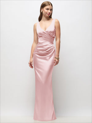 Sleeveless satin column maxi dress in pale pink with draped wrap bodice and V-neck.