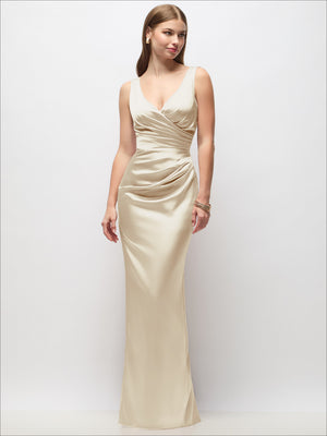 Sleeveless draped wrap maxi dress in champagne, ruched V-neck bodice and column hem