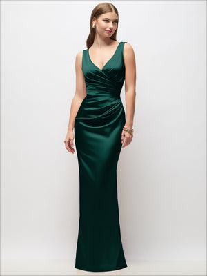 Sleeveless draped wrap satin maxi dress, deep green