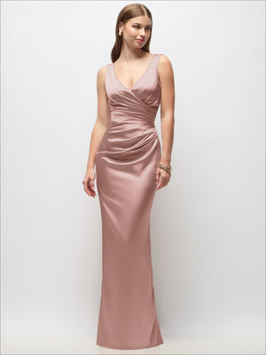 Sleeveless draped wrap satin column maxi dress in ballet pink, ruched drape front.
