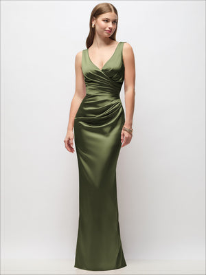 Sleeveless satin column maxi dress in olive green with draped wrap bodice and V-neck.