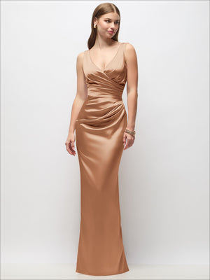 Sleeveless draped wrap maxi dress in cognac, ruched bodice and long fitted column