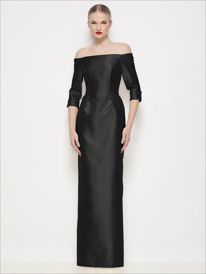 Black off-the-shoulder satin maxi dress, column fit, 3/4 sleeves