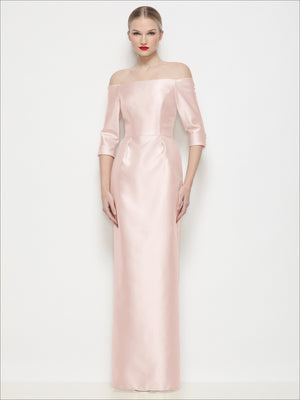 Off-shoulder satin maxi dress in blush pink with three-quarter sleeves and fitted bodice.