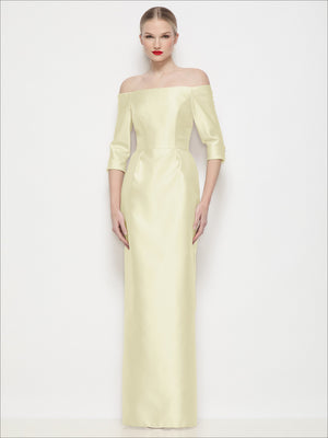 Light yellow satin off-shoulder column maxi dress with 3/4 sleeves and front slit