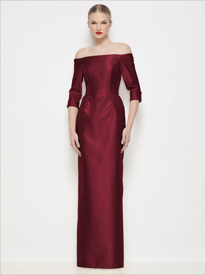 Burgundy off-shoulder satin maxi dress with 3/4 sleeves and fitted column silhouette