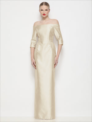 Off-the-shoulder satin column maxi dress, champagne, 3/4 sleeves with fitted waist