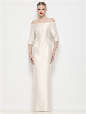 White off-the-shoulder satin maxi dress, fitted column, 3/4 sleeves