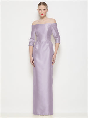 Off-the-shoulder satin maxi dress, lavender, 3/4 sleeves, fitted column silhouette