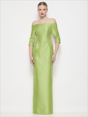 Off-shoulder 3/4 sleeve satin maxi dress in bright green, fitted column silhouette