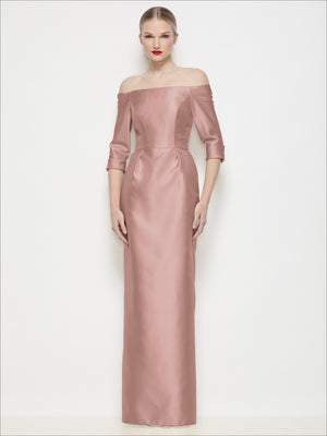 Blush off-the-shoulder satin maxi dress, column fit, 3/4 sleeves