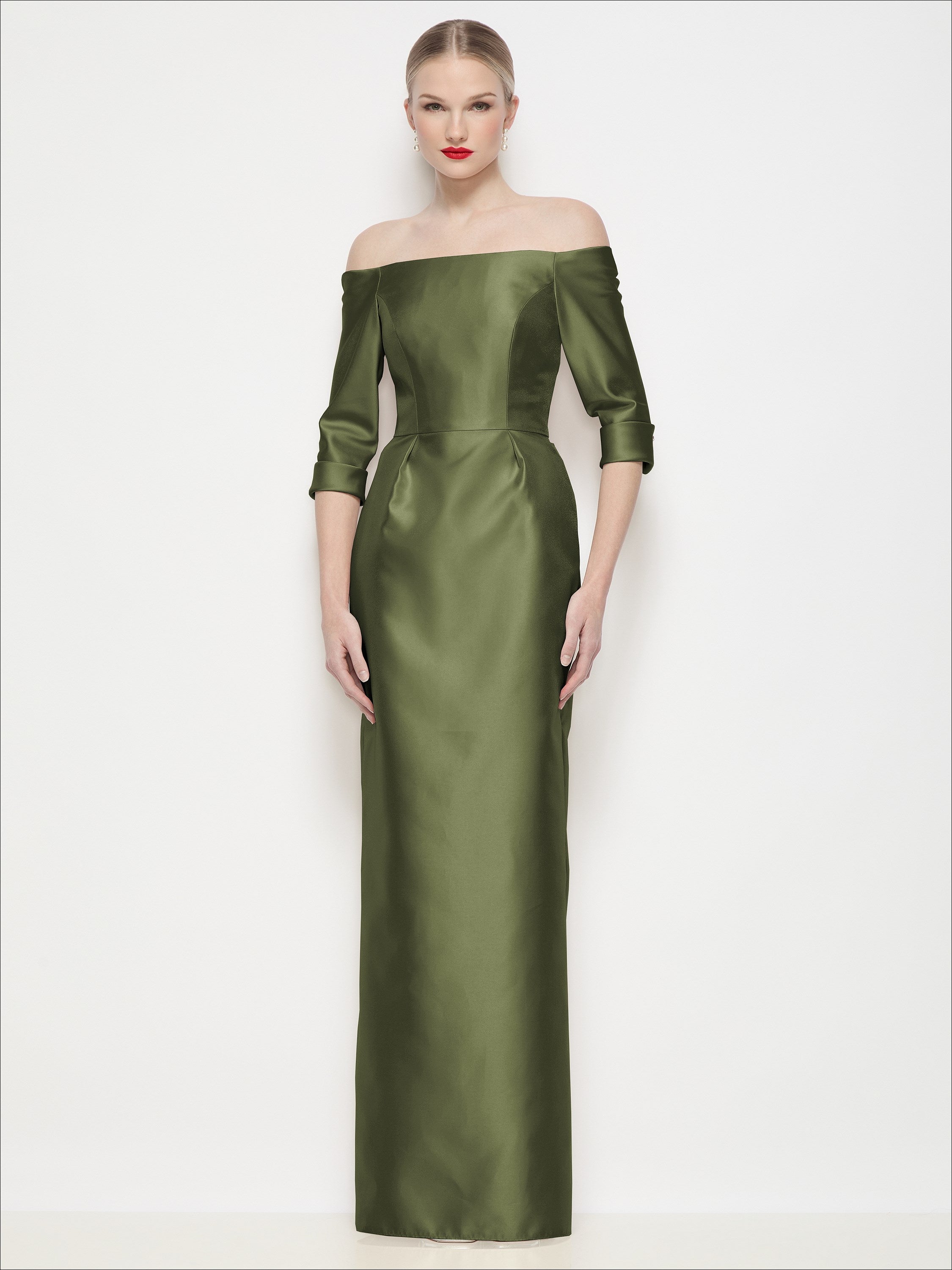 Off-the-Shoulder 3/4 Sleeve Column Satin Maxi Dress