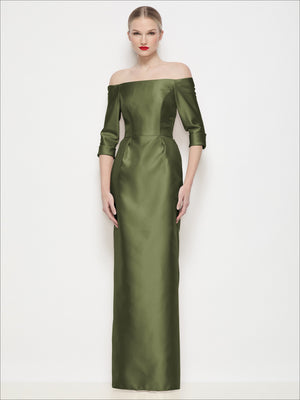 Off-shoulder satin maxi dress in deep olive green, three-quarter sleeves and column fit.