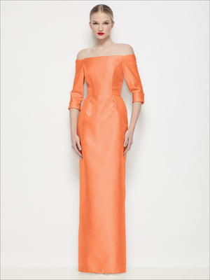 Orange off-shoulder satin maxi dress with 3/4 sleeves and fitted column silhouette