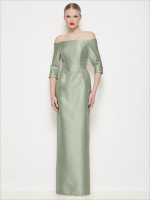 Off-shoulder 3/4 sleeve satin maxi dress in sage green, fitted column silhouette
