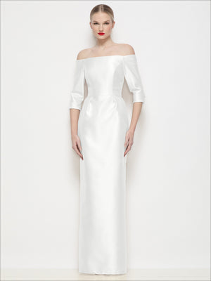 White off-the-shoulder satin maxi dress, column fit, 3/4 sleeves