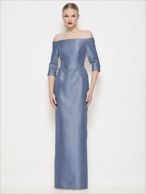 Off-the-shoulder satin maxi dress, dusty blue, 3/4 sleeves, fitted column silhouette