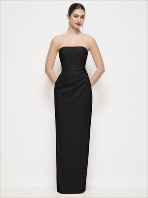Black strapless corset maxi dress with fitted column silhouette and long hem