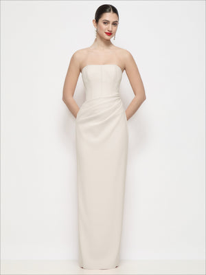 Strapless corset maxi dress in light blush-beige, smooth column skirt and fitted bodice