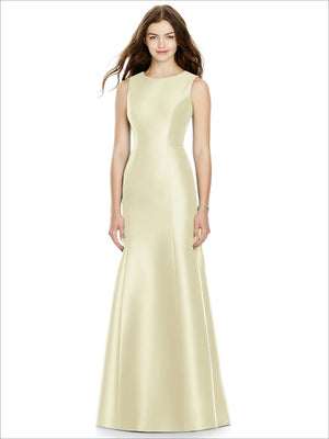 Sleeveless satin bridesmaid dress in pale ivory, scoop neck, flared skirt