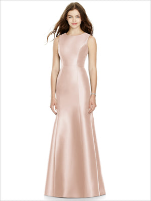 Sleeveless bridesmaid dress in light champagne with fitted bodice and full A-line skirt