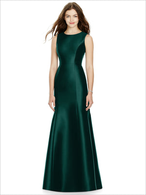 Sleeveless satin bridesmaid dress in dark green, scoop neck, flared skirt