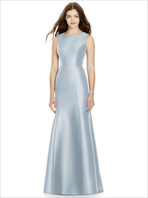 Bridesmaids dress BB106 in light blue satin, sleeveless round neck, full skirt