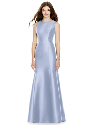 Satin bridesmaid dress in periwinkle blue, sleeveless high neckline, A-line skirt